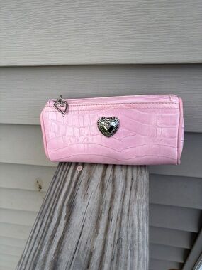Pink Heart-Accent Faux-Croc Makeup Bag
